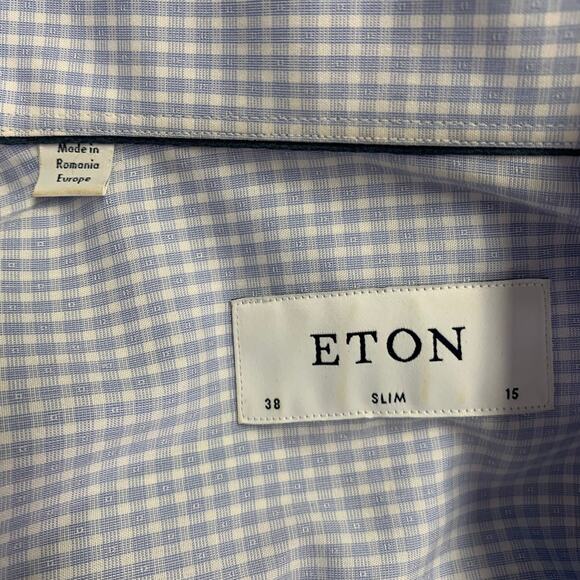 ETON Size S Light Blue White Checkered Cotton Spread Collar Long Sleeve Shirt - Picture 5 of 8